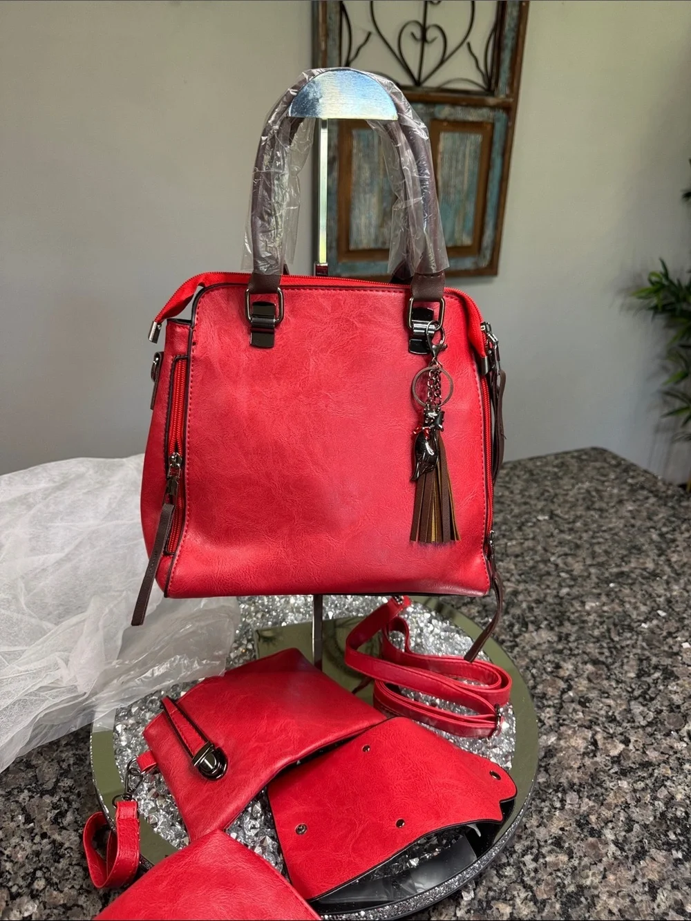 Classic Red Women’s fashion satchel Tote Bag with Tassel Charm NEW